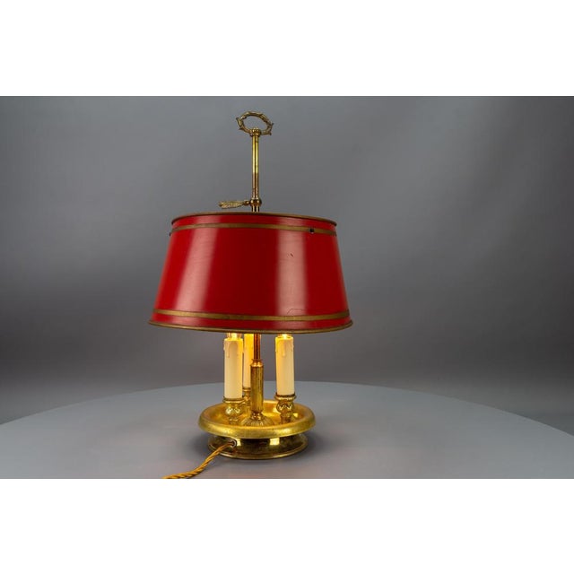 French Brass and Red Tole Shade Three-Light Bouillotte Desk Lamp, 1950s For Sale - Image 3 of 18