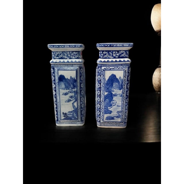 Chinoiserie Qianlong Style Blue and White Porcelain Vases- A Pair For Sale - Image 6 of 12