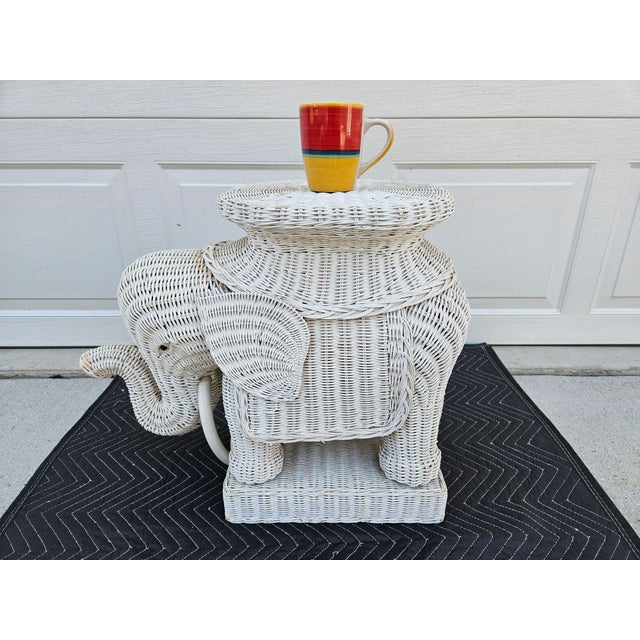 White Wicker Elephant With Tusks Side Table For Sale - Image 10 of 13