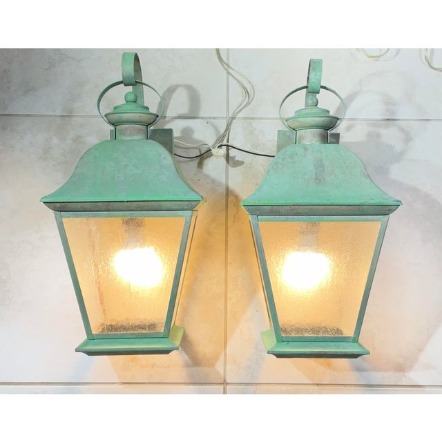 Green Pair of Vintage Solid Brass Lanterns - Timeless Elegance for Your Home For Sale - Image 8 of 13