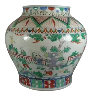 Antique Chinese Famille-Verte Ming Porcelain "Children Playing" Jardiniere
