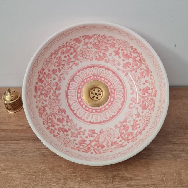 Contemporary Pink and White Bathroom Wash Basin with Brass Drain For Sale - Image 4 of 9
