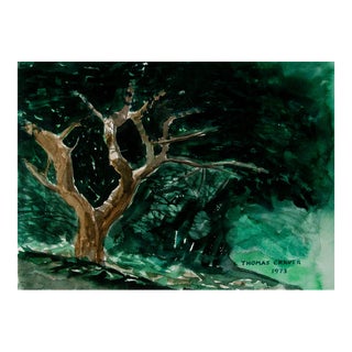 Vintage Dark Mysterious Forest Watercolor Painting For Sale