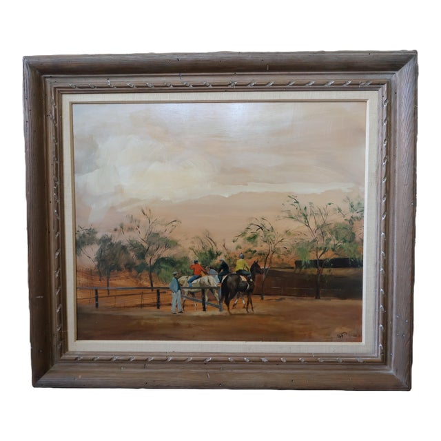 Circa 1967 Charles Apt Thoroughbred Paddock Oil Painting—Gallery Framed For Sale