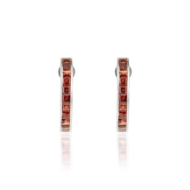 Metal Red Garnet Channel Set Hoop Earrings in 925 Sterling Silver for Her, A Pair For Sale - Image 7 of 11