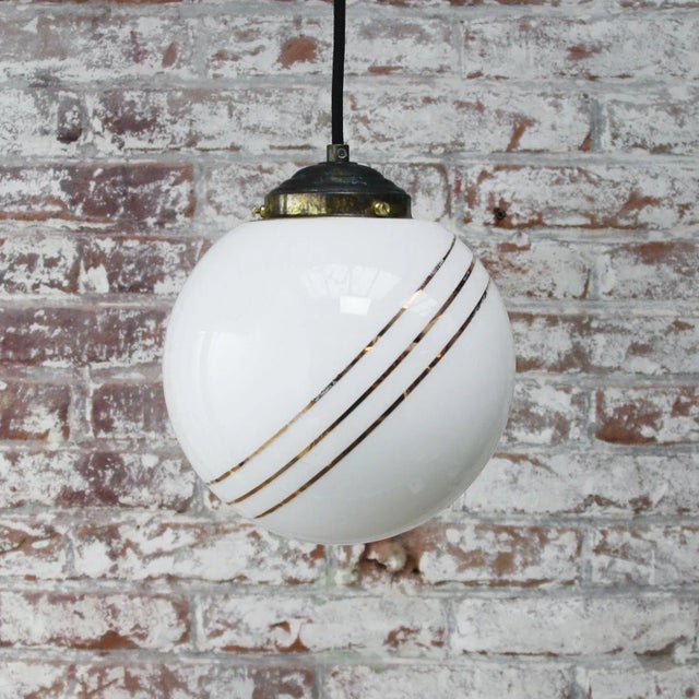Vintage European Gold-Striped Opaline Glass Globe Pendant with Brass Top For Sale - Image 4 of 6