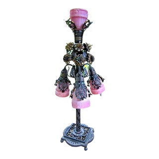 Early 19th Century Alessandro Mazzucotelli Signed Italian Art Nouveau Liberty Wrought Iron Pink Murano Lamp For Sale