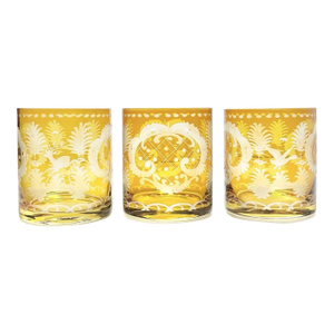 1970s Bohemian Amber Glass Cut 3 Tumbler Cocktail Glasses Wildlife Deer Duck
