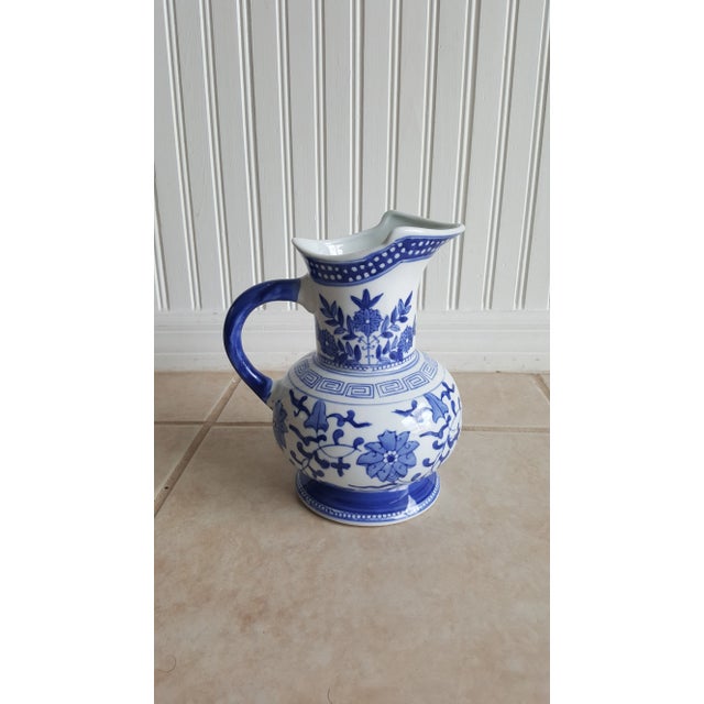 Ceramic Vintage Chinoiserie Chinese Blue Canton-Style Serving Pitcher For Sale - Image 7 of 9