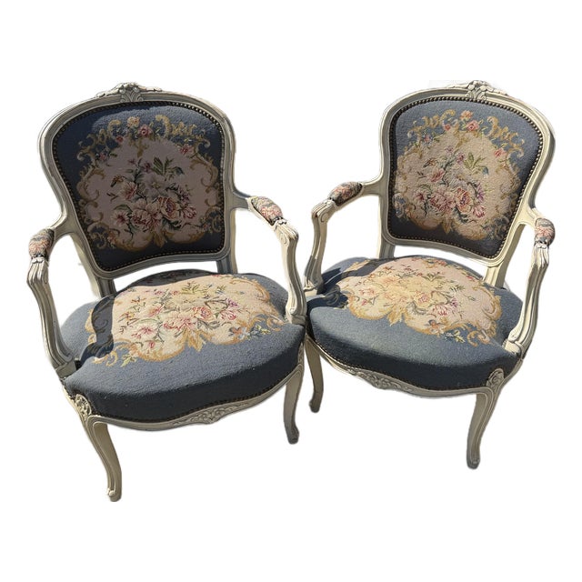 Antique French Louis XV Style Needlepoint Arm Chairs Pastoral Scene Tap Pair For Sale