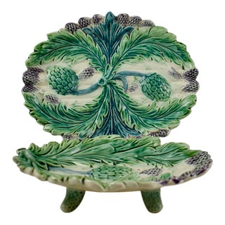 Luneville French Faïence Majolica Asparagus Footed Drainer & Under Tray For Sale