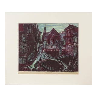 1930s "Nightrise" Public Works Art Color Woodcut by Ruth Chaney For Sale