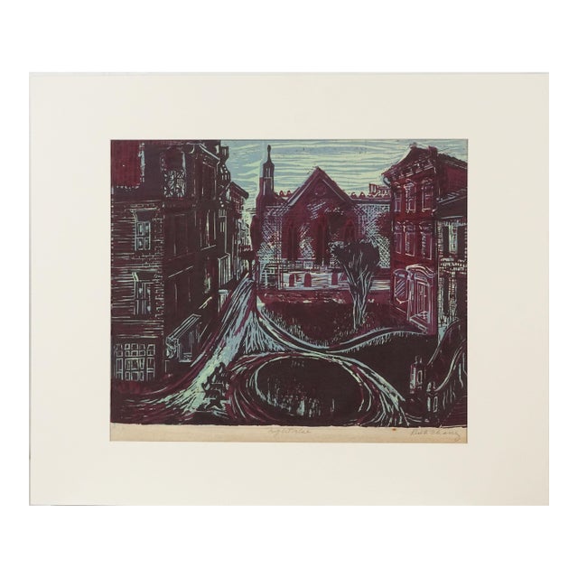 1930s "Nightrise" Public Works Art Color Woodcut by Ruth Chaney For Sale