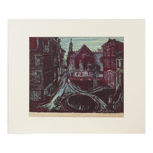 1930s "Nightrise" Public Works Art Color Woodcut by Ruth Chaney