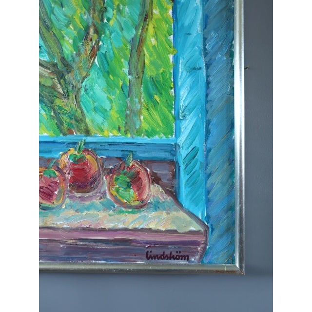 Textile Mid-Century Modern 'Lavender & Fruit' Original Swedish Expressive Interior Still Life Oil Painting, Framed For Sale - Image 7 of 12