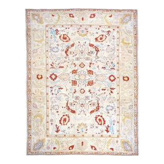 21st Century Turkish Oushak Wool 9x12 Ivory, Rust, & Blue Handmade Area Rug #1141267 For Sale