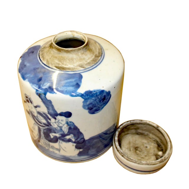Chinese Blue White Ceramic 3 Gods Graphic Container Urn Jar For Sale - Image 4 of 6