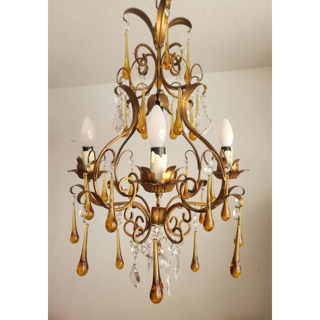 Glass Floral Five-Light Gilded Ceiling Lamp with Crystals and Murano Glass Crystal Drops, 1960s For Sale - Image 7 of 18