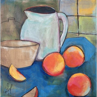 Peaches by Leigh Ann Van Fossan | Acrylic and charcoal on canvas Still life of peaches and a pitcher For Sale
