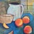 Peaches by Leigh Ann Van Fossan | Acrylic and charcoal on canvas Still life of peaches and a pitcher For Sale