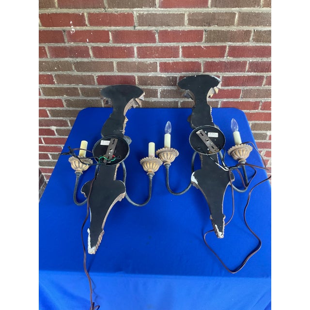 Pair of Vintage Mid-Century Modern Lampcrafters Monkey Palm Beach Trees Wall Double Sconces For Sale - Image 11 of 12