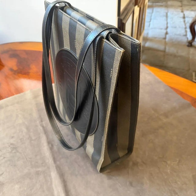 1990s Black PVC Pequin Striped Pattern Shoulder Bag by Fendi Rome For Sale - Image 11 of 15