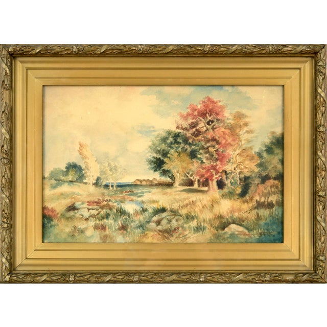 Yellow Early 20th Century Autumn Landscape Watercolor Painting by E. Camren, Framed For Sale - Image 8 of 8