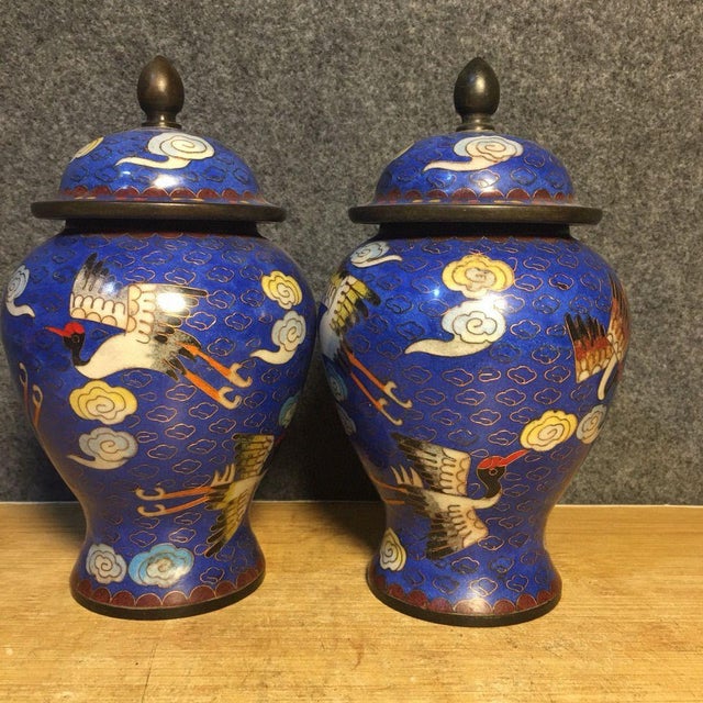 Late 20th Century Pair of Small Chinese Cloisonné Enamel Crane & Cloud Jars With Lids - 8" Tall For Sale - Image 5 of 9