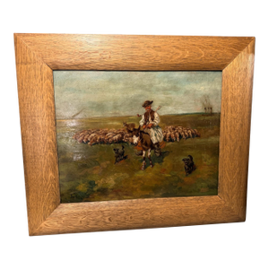 Artist Signed Antique Oil on Board Painting of Shepherd, Sheep & Dog