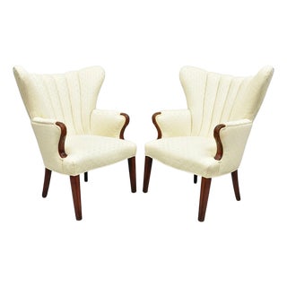 Vintage French Art Deco Style Channel Wingback Mahogany Lounge Arm Chairs - Pair For Sale