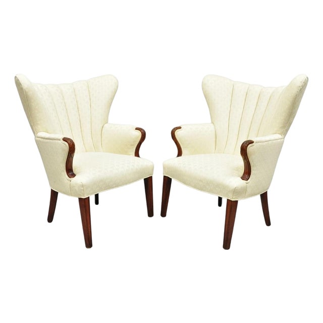 Vintage French Art Deco Style Channel Wingback Mahogany Lounge Arm Chairs - Pair For Sale