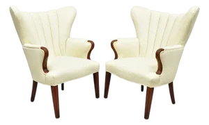 Vintage French Art Deco Style Channel Wingback Mahogany Lounge Arm Chairs - Pair