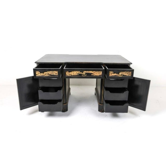 Chinoiserie Hand Painted Black Lacquer Partners Desk For Sale In New York - Image 6 of 12