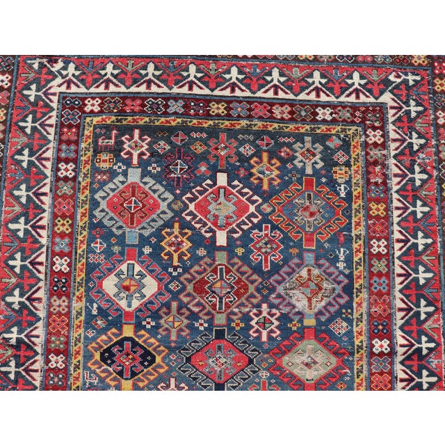 Tribal Antique Caucasian Shirvan Rug With Tribal Patterns in Vibrant Blue 3'9 X 8'8 For Sale - Image 3 of 12