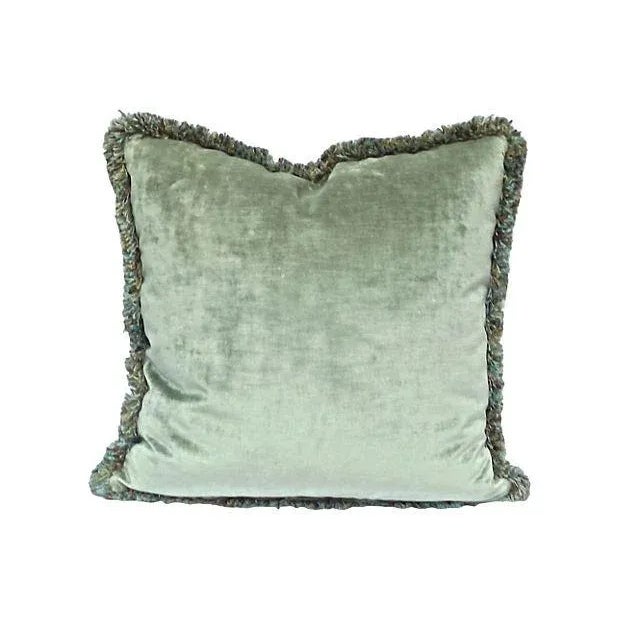 A French, vintage, embroidered, silk, wheat pillow with silk fringe and line velvet back. It has down fill and a zipper...