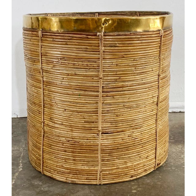 Vintage Oversized Gabriella Crespi Style Coiled Rattan Basket With Brass Trim For Sale - Image 4 of 8