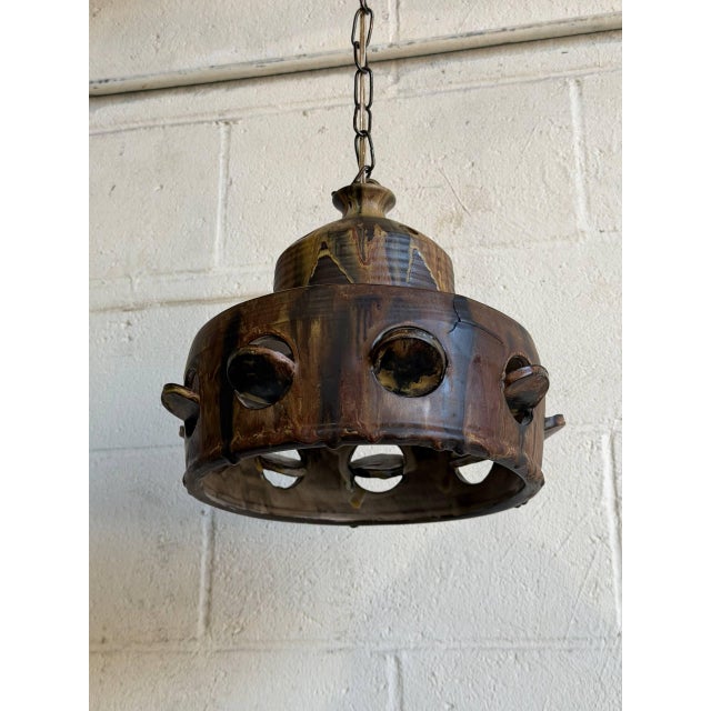 Vintage Mid-Century Modern Pendant Ceiling Lamp Brown Pottery Ceramic For Sale In Los Angeles - Image 6 of 12