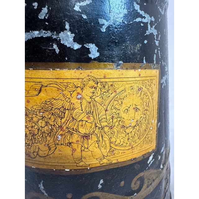 Metal Antique English Tole Coal Helmet Scuttle, Beldray, Gilt Cherub Medallion, 24in For Sale - Image 7 of 13