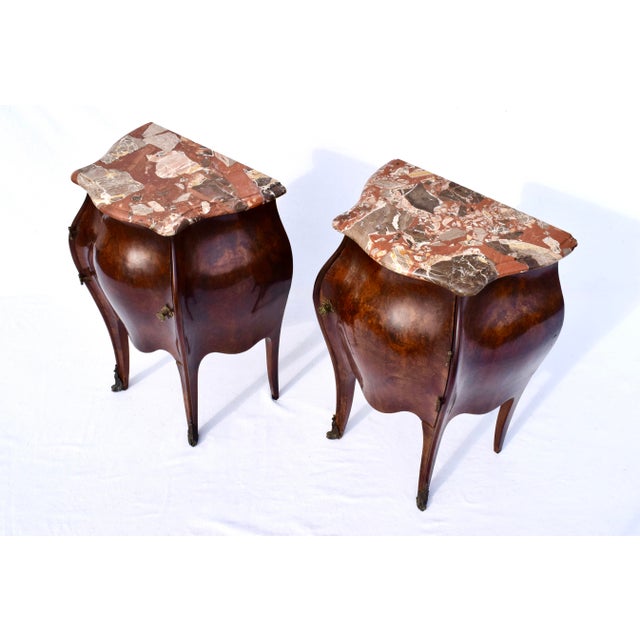 Late 19th Century Italian Burl Wood Bombe Nightstands, Breccia Marble Tops, 19th Century For Sale - Image 5 of 9