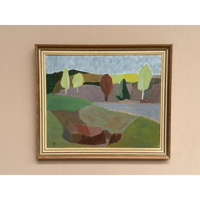 Original Swedish Oil on Panel – “Abstract Landscape with Trees and Fields” by Carl‑Einar Andersson (1925–1975) – Signed &...