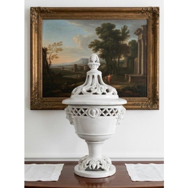 2000 - 2009 Large Mid-Century Italian White Glazed Ceramic Covered Urn With Cherub Medallions For Sale - Image 5 of 11