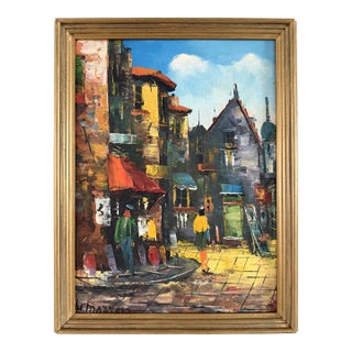 Vintage Italian Mid Century Street Scene Painting For Sale