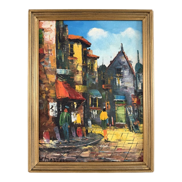 Vintage Italian Mid Century Street Scene Painting For Sale