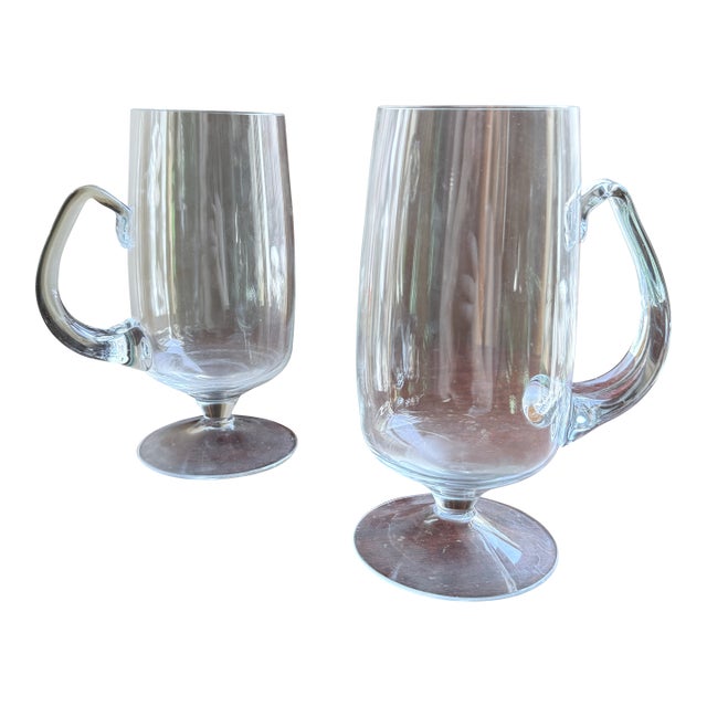 Mid 20th Century Mid Century Modern Hand Blown Crystal Irish Coffee Glasses Footed Teardrop Handles - a Pair For Sale