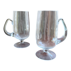 Mid 20th Century Mid Century Modern Hand Blown Crystal Irish Coffee Glasses Footed Teardrop Handles - a Pair