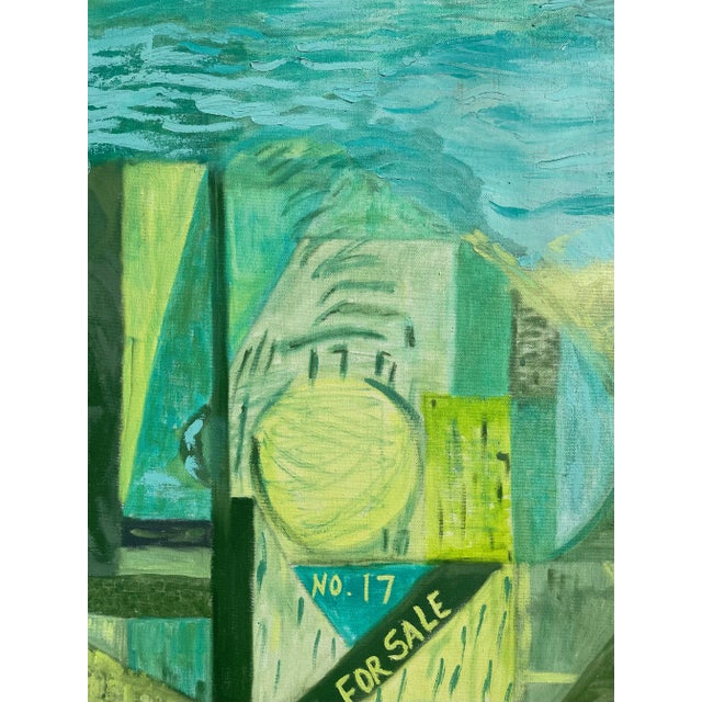 Mid-century style blues and greens abstract oil painting on canvas. Unframed but could be hung without a frame.