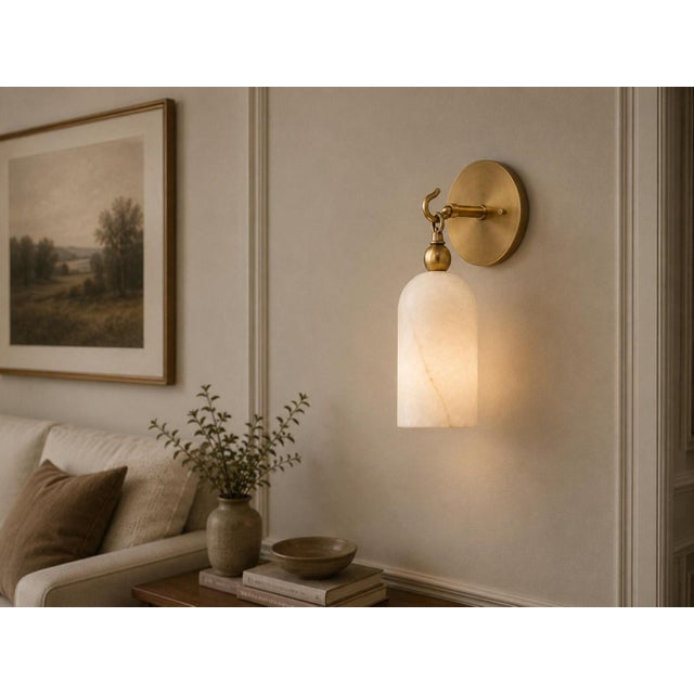 Contemporary Handcrafted Brass Wall Sconce With Natural Alabaster Cylinder Shade | Sculptural Accent Light For Sale - Image 3 of 6