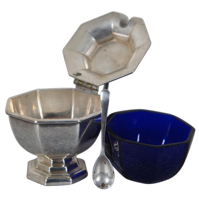 Early 20th Century Meriden Silver Plate Salt Cellar Condiment Dish Cobalt Glass Insert & Spoon