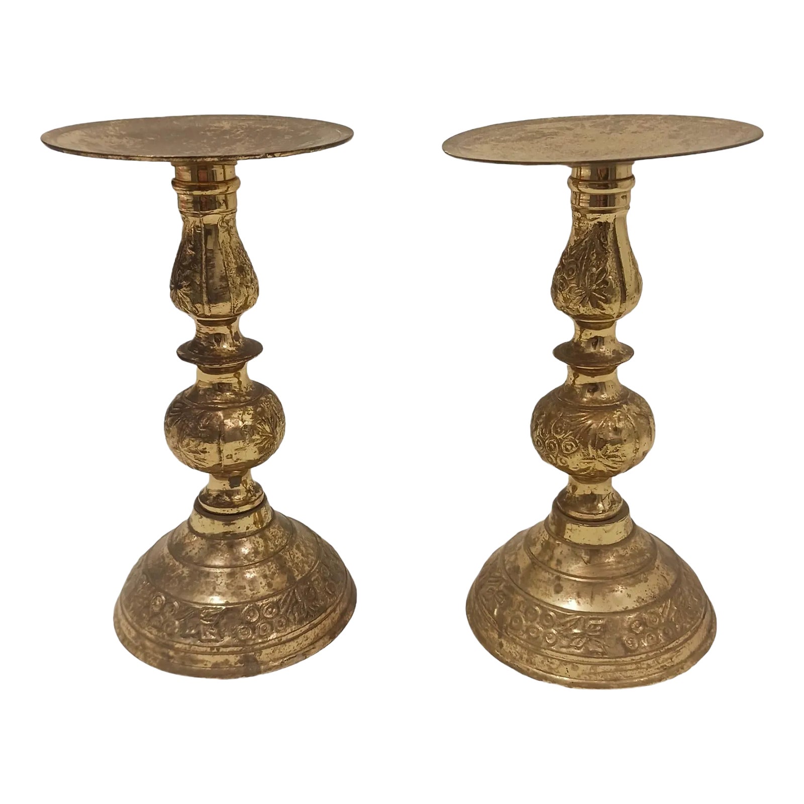 Pair of 1970s Brass Candle Pillar Holders with Patina | Chairish