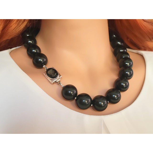 Vintage 21-Inch Black Obsidian Beaded Necklace With Onyx Cameo Clasp For Sale - Image 9 of 9